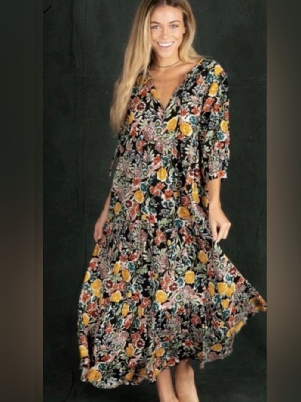 Natural Life Boho Floral Tiered Maxi Dress Black Yellow Red Size XS S festival